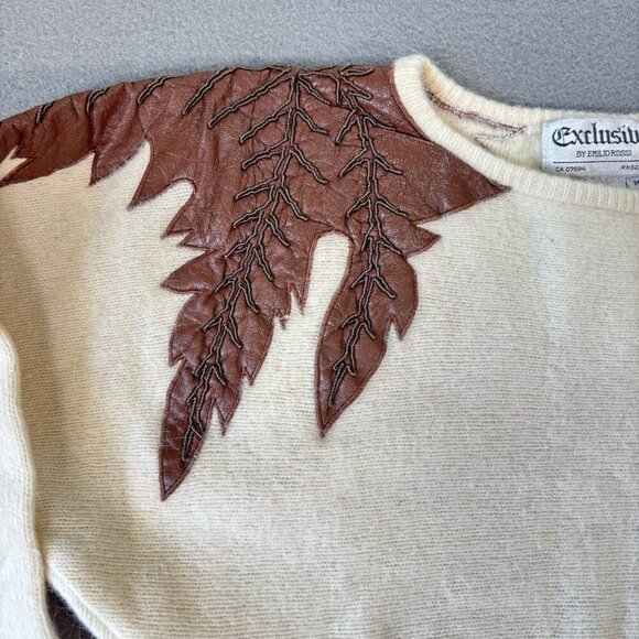 Vintage Emilio Rossi Lambswool Angora Sweater White Knitted Brown Leafs Sz M - Picture 4 of 13